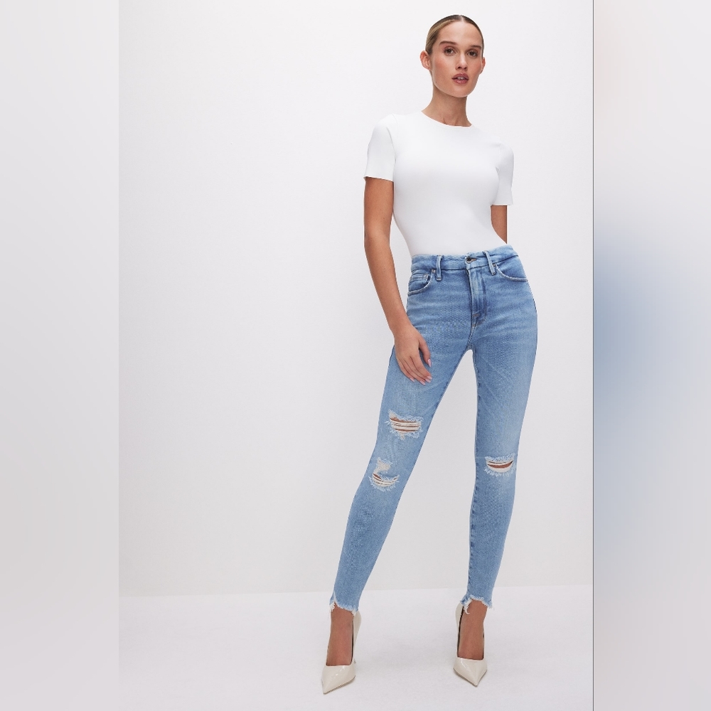 Good American Mid-Rise Skinny Light Wash Distressed Jeans, Size 16